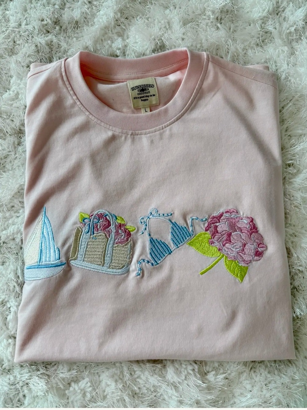 Embroidered Light Pink Short Sleeve Tee with Floral & Nautical Motifs